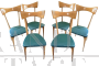 Set di 6 sedie Ico Parisi in legno chiaro con seduta in skai verde                            