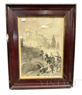 Acquarello con assedio di Villa Vascello a Roma, Tito Ettore, XIX secolo