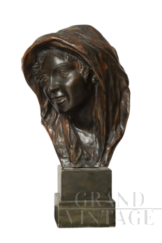 Anna - Scultura antica in bronzo con busto di donna firmata Gemito