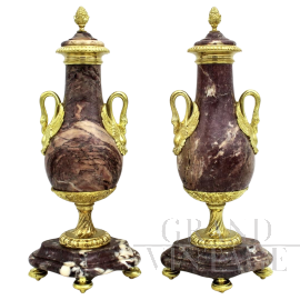 Antica coppia di vasi Napoleone III in bronzo dorato e marmo, '800