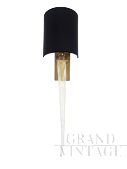 Applique vintage in vetro e ottone con paralume nero                            