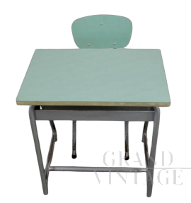 Banco scolastico vintage in formica verde con sedia, anni '70                            