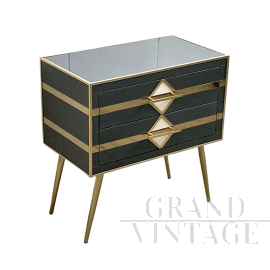 Cassettiera a due cassetti in vetro nero e ottone