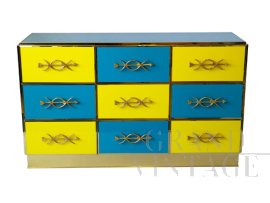 Cassettiera design con 9 cassetti in vetro giallo e azzurro 