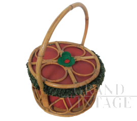 Cestino vintage in vimini anni '70 con coperchio