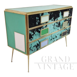 Comò tre cassetti in vetro e cavallino verde                            
