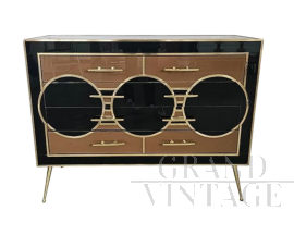 Comò in vetro nero e marrone con quattro cassetti