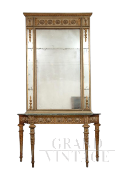 Console con specchio antica di epoca Luigi XVI in lacca e oro, con piano in marmo                            