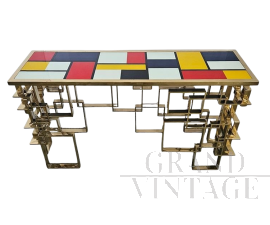 Consolle bifacciale in vetro di Murano con base geometrica in acciaio cromo-oro                            