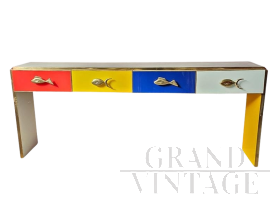 Consolle in vetro colorato a 4 cassetti con maniglie a pesce                            