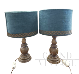 Coppia di lampade abat-jour antiche in bronzo con paralume blu petrolio