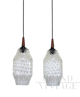 Coppia di lampade pendenti in vetro di Murano a rilievo anni '60                            