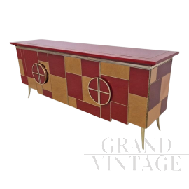 Credenza design a 4 ante in vetro rosso bordeaux e specchio                            