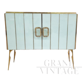 Credenza design a due ante in vetro bianco e ottone                            