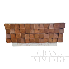 Credenza madia vintage in noce e marmo bianco di Carrara, stile brutalista