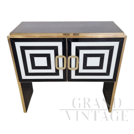 Credenza mobile bar in vetro bianco e nero con interno a specchio                            