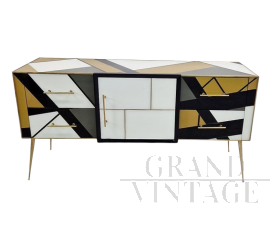 Credenza in vetro di Murano a quattro colori con anta e cassetti                            