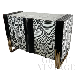Credenza in vetro stampato a strisce d’onda bianche e nere effetto 3D                            