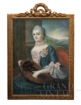 Dipinto antico a pastello raffigurante una nobildonna con ghironda                            