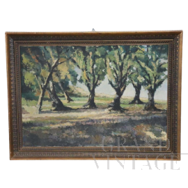 Dipinto con paesaggio boschivo olio su tela, prima metà XX secolo