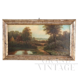 Dipinto con paesaggio di campagna di scuola inglese, olio su tela del XIX secolo                            