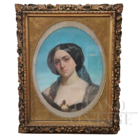 Dipinto ritratto di giovane donna, fine XIX secolo, firmato Morlon