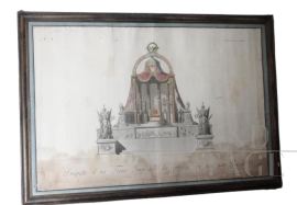 Disegno antico con studio di trono Imperiale in una grande piazza, primi '800                            