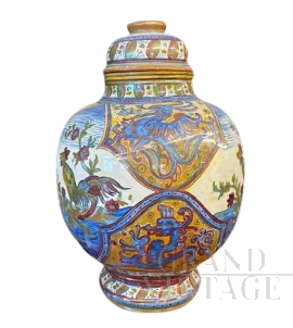 Grande vaso potiche liberty di Santarelli - Gualdo Tadino con gallo, 1920                            