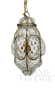 Lampada a sospensione a lanterna in vetro di Murano attr. AVEM                            