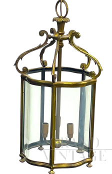 Lampada a sospensione a lanterna in ottone e vetro, anni '40