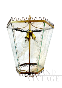 Lampadario lanterna in ottone anni '40 attribuito a Fontana Arte.