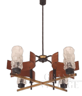 Lampadario stile Stilnovo anni '60 in legno curvato e ottone                            