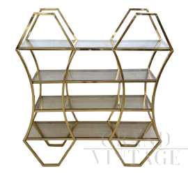 Libreria design a 4 ripiani in ottone dorato e vetro fumé                            