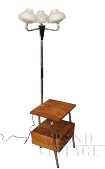 Piantana vintage a 3 luci con mobiletto in legno, Polonia anni '60                            