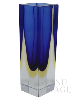 Piccolo vaso anni '70 in vetro di Murano sommerso blu e giallo                            