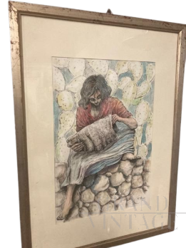 Pippo Madè - Disegno dipinto a china con soggetto che legge il giornale, Palermo 1973                            