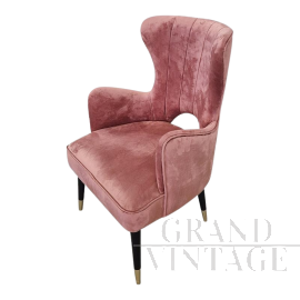 Poltrone in stile mid-century in velluto rosa antico