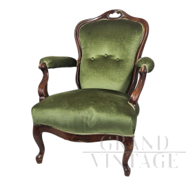 Poltrona antica di epoca Luigi Filippo in velluto di Genova verde                            