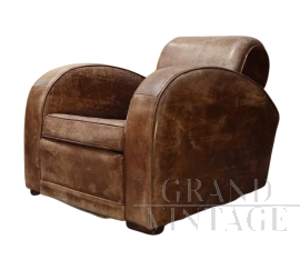 Poltrona club vintage in pelle marrone                            