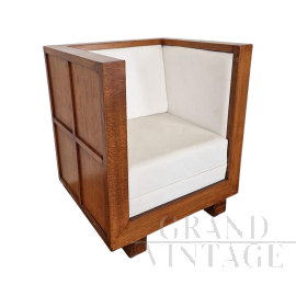 Poltrona in stile Art Déco a pozzetto in pelle bianca                            