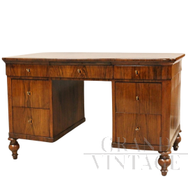 Scrivania antica Luigi Filippo in noce con grandi cassetti, Italia '800                            