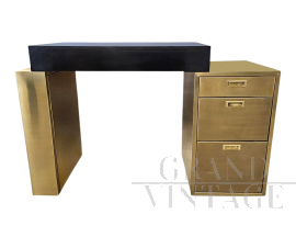 Scrivania design in ottone e legno nero con cassettiera