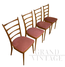 Set di 4 sedie vintage in stile scandinavo in velluto rosa antico                            