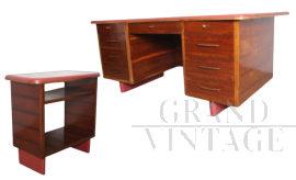 Set da ufficio vintage con scrivania e mobiletto in palissandro e skai                            