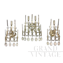 Set di 3 applique Gaetano Sciolari in nichel e cristallo, anni '60