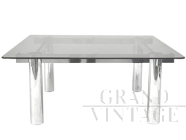 Tavolino anni '70 in acciaio cromato e vetro fumé