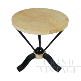 Tavolino basso rotondo in stile Art Déco con piano in pergamena                            