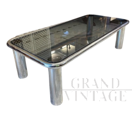 Tavolino Sesann di Gianfranco Frattini in metallo cromato e vetro fumé