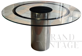 Tavolo rotondo in stile Marco Zanuso in acciaio e vetro