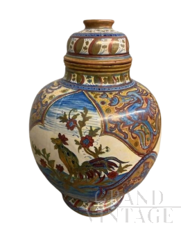 Grande vaso potiche liberty Santarelli di Gualdo Tadino con gallo                            